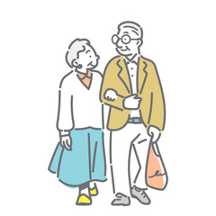 A simple and stylish line drawing of a senior couple enjoying a spring walk