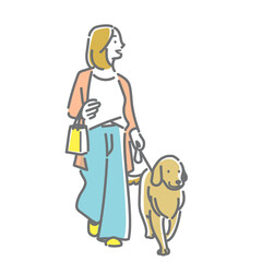 A simple and stylish line drawing of a young woman walking her dog