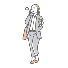 A smiling woman going to work with a refreshing feeling. A simple and stylish line drawing illustration
