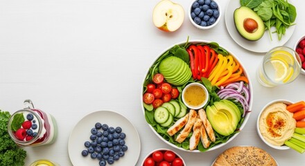 A vibrant salad bowl filled with fresh vegetables, including avocados, bell peppers, tomatoes, cucumbers, and onions, surrounded by a variety of other healthy foods on a white table.