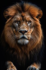 Fototapeta premium regal lion with thick dark mane and strong front paws posed front-facing on black background, calm majestic presence