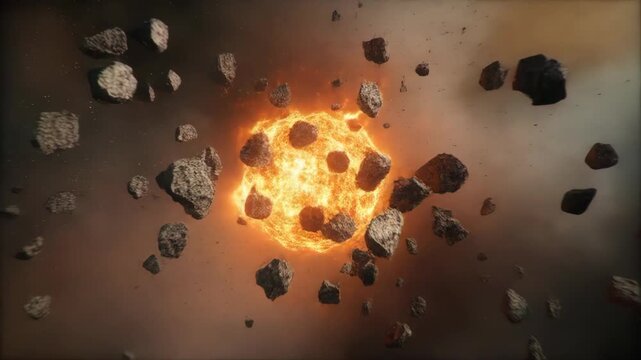 Asteroids Fly Around Fiery Celestial Body Against Gray Space