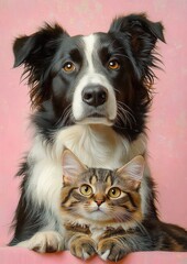 Fototapeta premium Close up portrait of a black and white dog and a fluffy tabby cat sitting closely together against a soft pink background, both looking calmly ahead