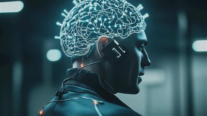 Futuristic digital technology showcasing brain neural network overlay with glowing neural connections and human connection in dark setting - Powered by Adobe