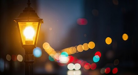 A street lamp with a warm glow, standing in front of a blurred cityscape at night.