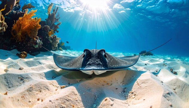 Firefly stingray gliding over sandy ocean floor, coral reef in the background