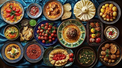 Fototapeta premium Overhead spread of a colorful Middle Eastern feast with hummus, stews, roasted and cherry tomatoes, flatbreads, dips, pastries and bowls on satin cloth, inviting and celebratory