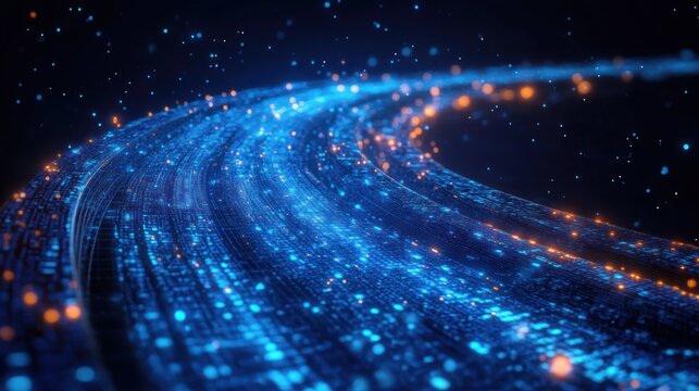 Curving stream of glowing blue and orange digital lights forming a futuristic energetic data highway