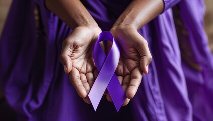 Woman holding purple ribbon for awareness and support