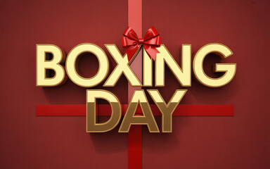 A 3d rendered text design of boxing day with gold letters and a red ribbon on a dark red background for holiday