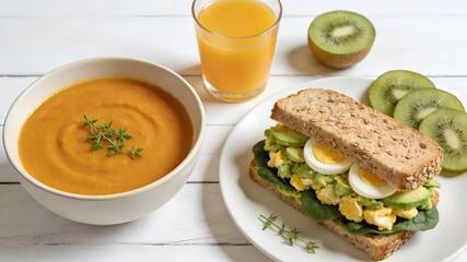 A nutritious vegetarian brunch that includes soup and avocado sandwiches, highlighting fresh and wholesome ingredients.