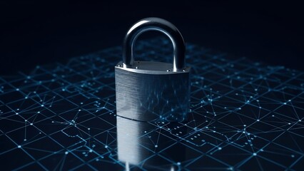 Secure digital network protected by shiny metal padlock