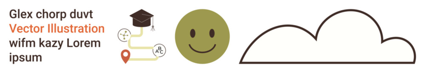 Fototapeta premium Education, technology, cloud storage, graduation, workflow, inspiration. Graduation cap, linked icons happy face and cloud outline. Education and technology framework that highlights success