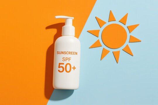 Sunscreen Sentinel: A bottle of sunscreen, safeguarding against solar radiation, stands in stark contrast against a vibrant backdrop, emphasizing sun protection.