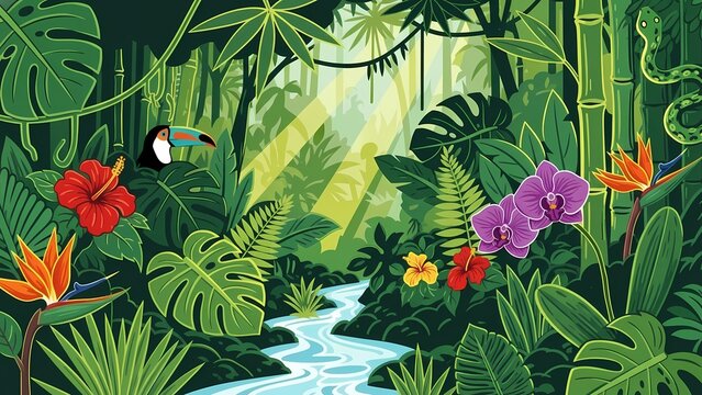 Tropical rainforest jungle illustration with toucan, orchids, bamboo and lush green foliage