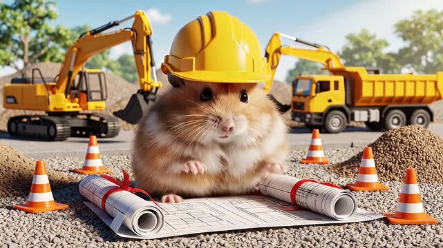 Hamster Construction Worker Reviewing Blueprints on Site