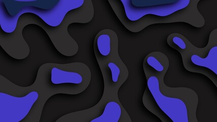 A stylish background featuring organic dark grey and vibrant purple layers with deep drop shadows, creating a modern 3D liquid paper cut aesthetic perfect for abstract designs.