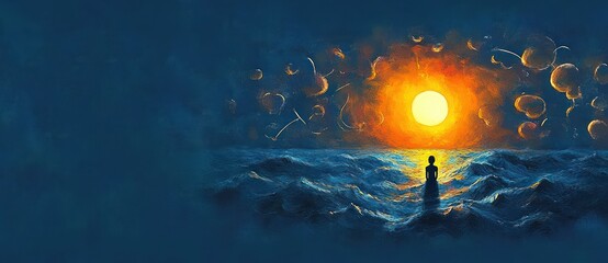 Fototapeta premium solitary silhouette standing in a choppy blue ocean facing a radiant golden sun at the horizon, warm glow reflected on waves, evoking solitude, contemplation and quiet wonder