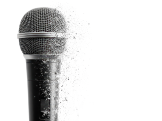 Exploding microphone symbolizing broken communication or loud noise isolated on transparent background