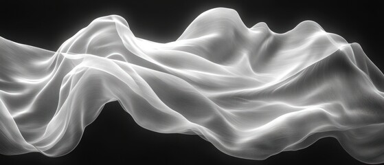 Fototapeta premium ethereal flowing translucent white fabric ribbons undulating like gentle waves over a dark background, serene and elegant mood