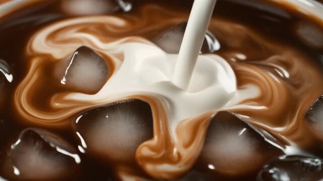 Close-up shot of creamy liquid being poured into iced coffee, creating beautiful swirls and patterns