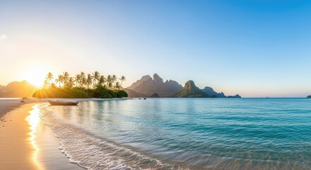 A serene beach scene with a boat, palm trees, and distant mountains at sunset.