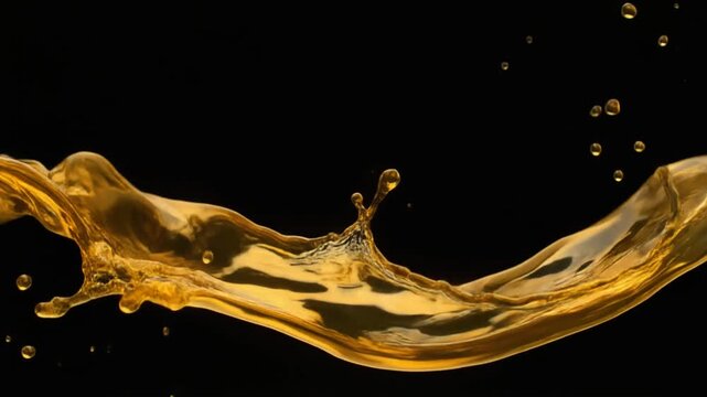 Dynamic golden liquid wave flowing with graceful motion, creating a vibrant splash effect against a stark black backdrop, evoking energy and smooth fluidity and sleekness