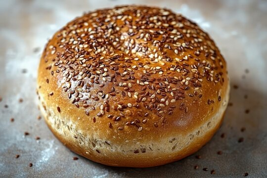 Golden round seeded bun with sesame and flax seeds on parchment, warm appetizing rustic homemade bread