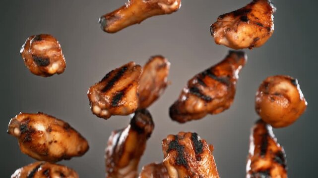 Dynamic display of perfectly grilled chicken wings, showcasing succulent meat, crispy skin, and savory char marks, against a simple background, ready for an appetizing meal