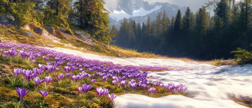 Blooming purple crocus flowers emerging through melting snow on a sunlit alpine meadow with pine trees and snow-capped mountains in the background