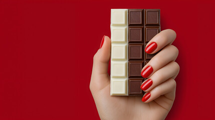 A woman's hand with red nail polish on her fingers presents bar of  white chocolate and dark chocolate, isolated on a red background.