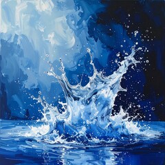 Dynamic splash of water in shades of blue against a darker background, rendered with visible brushstrokes