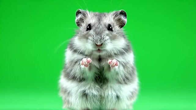 Fluffy Dwarf Hamster Standing Upright on Green Screen Background