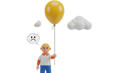 Sad child holding a yellow balloon and a broken eggshell