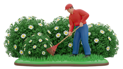 Gardener Raking Bushes with Daisies