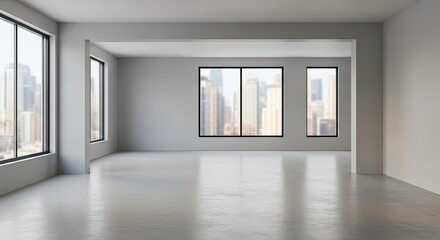 A spacious, modern, minimalist office with large windows overlooking a city skyline.