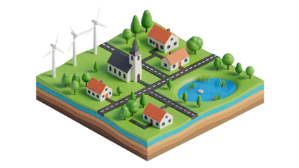 Isometric village with wind turbines and a pond