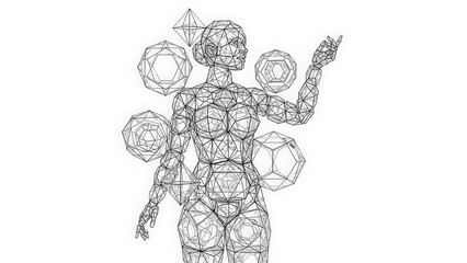 Wireframe Human Figure Interacting with Geometric Shapes and Platonic Solids.