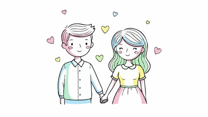 Obraz premium Cute Cartoon Illustration of a Happy Young Couple Holding Hands with Floating Hearts