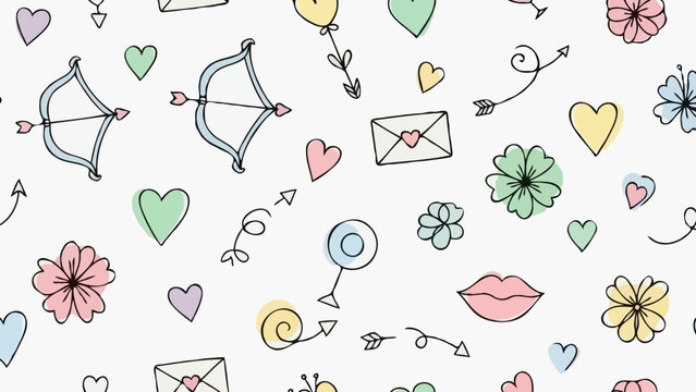 Seamless Pattern with Hand drawn Romantic Love Elements and Hearts