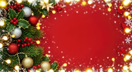 Christmas-themed decorations on a red background with snowflakes and lights.