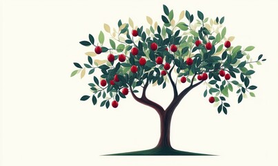 Obraz premium Illustration of a fruit tree with green and beige leaves bearing numerous red fruits on a light background