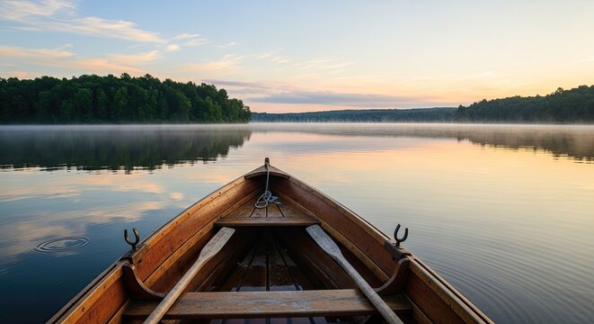 A wooden rowboat on a calm lake at sunset, with a misty horizon and a distant island.
