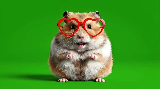 Adorable Chubby Hamster Dancing with Red Heart Glasses Greenscreen