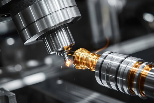 close-up of a CNC milling cutter machining a glowing golden metal coil on a rotating shaft with sparks flying, high-precision industrial machining and intense focused atmosphere