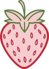 Stylized pink strawberry with red seeds and green stem illustration.