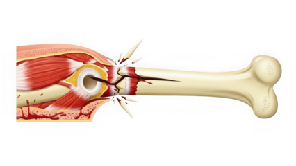 Human femur fracture with muscle and blood vessels exposed