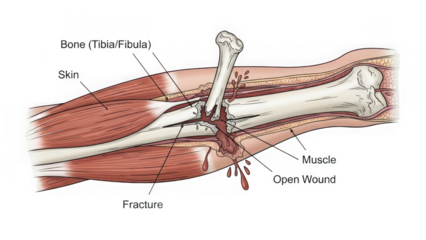 human leg anatomy with tibia fibula fracture and open wound