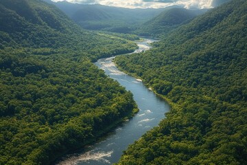 aerial view of a winding river cutting through a lush green forested valley between rolling hills and distant mountains under a partly cloudy sky, peaceful and serene