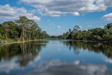 Beautiful scenery of ancient moat of Angkor Thom the ancient capital city of Khmer empire in Siem Reap, Cambodia. A moat are each 3 km long, enclosing an area of 9 km.